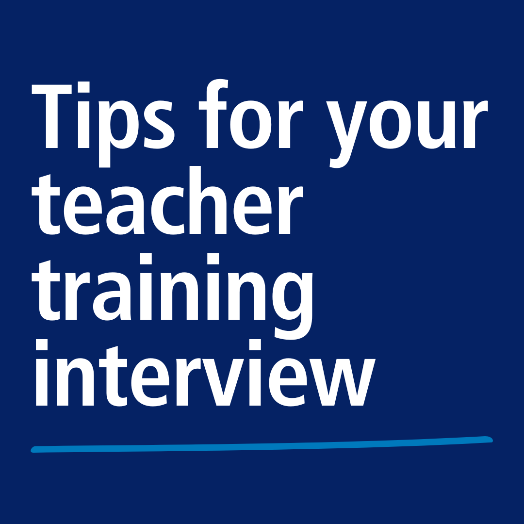 A dark blue background with the words 'tips for your teacher training interview'