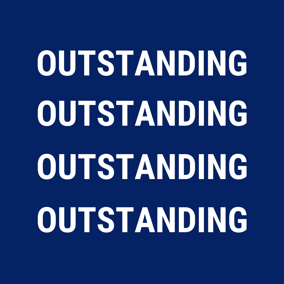 A dark blue square with white text reading 'Outstanding'